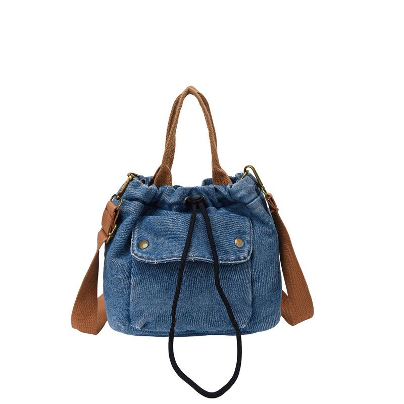 New Korean Style Crossbody Bags Fashiable and Versatile Denim Bucket Bag with Drawstring Casual and Simple Shoulder Bag