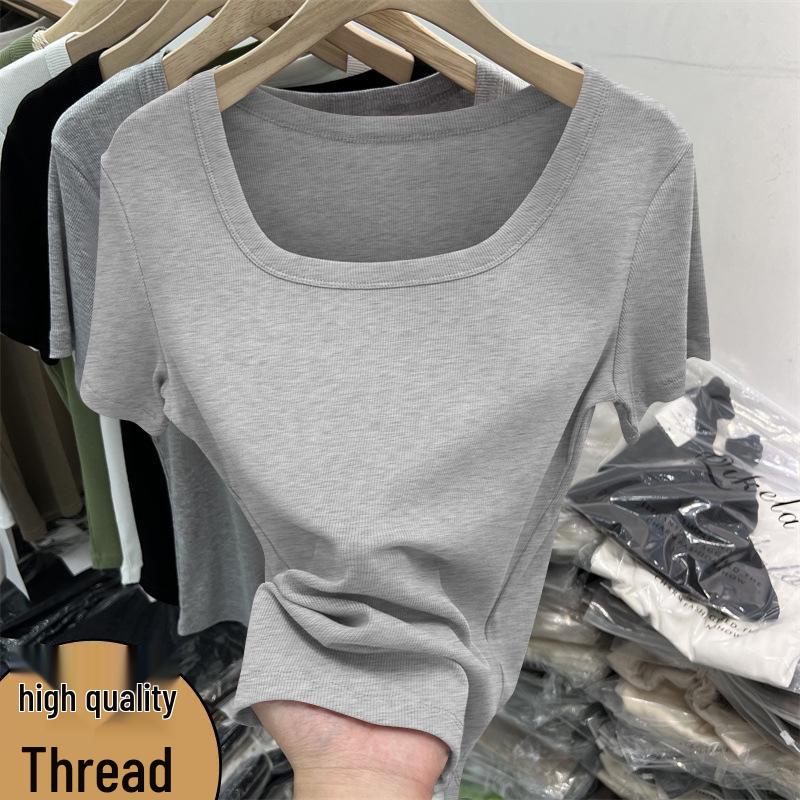 Summer Square Neck Ribbed Soft Short Sleeve Top - Women's Solid Color Simple Style