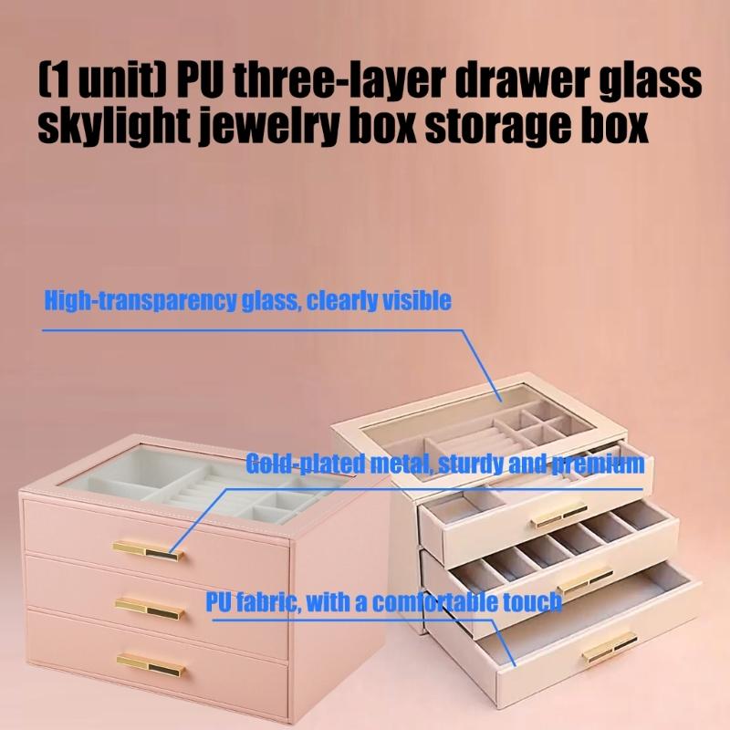 Jewelry Storage Box with Three Compartments Glass Access Lid PU Materials Cover Soft Velvets Cushioning