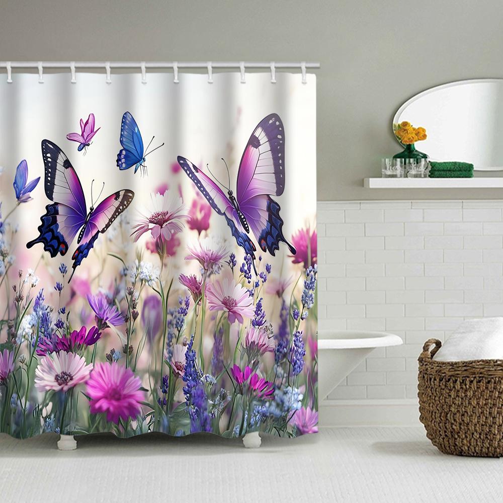 1/4 Flowers and Plants Print Shower Curtains, Toilet Seat Decoration, Shower Curtain with Carpet and Toilet Lid, 70.8x70.8 Inch