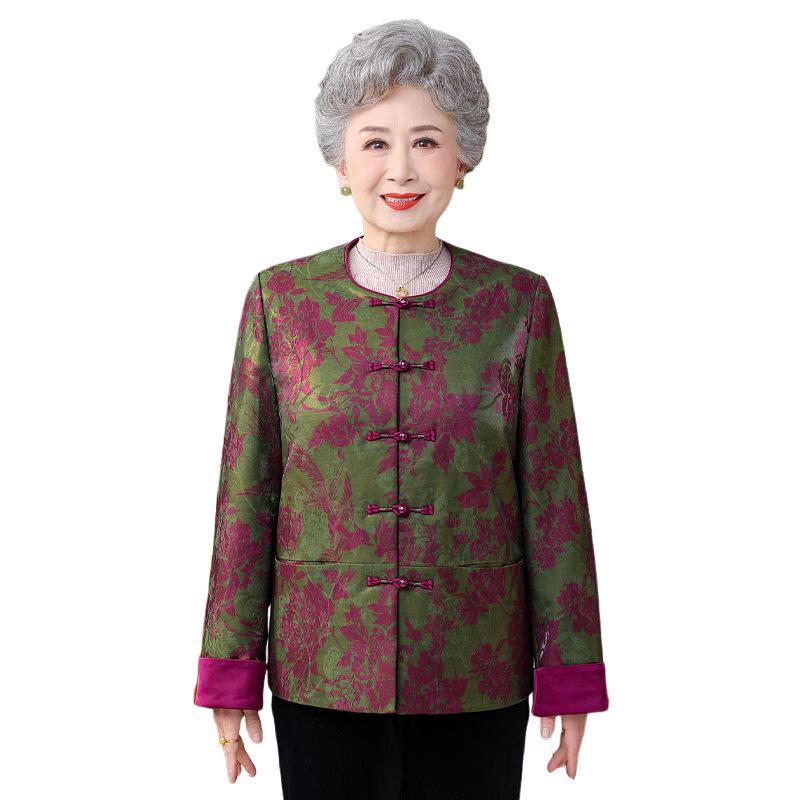 Spring Floral Wool & Cotton Frog Button Jacket for Middle-Aged and Elderly Women - Loose Plus Size