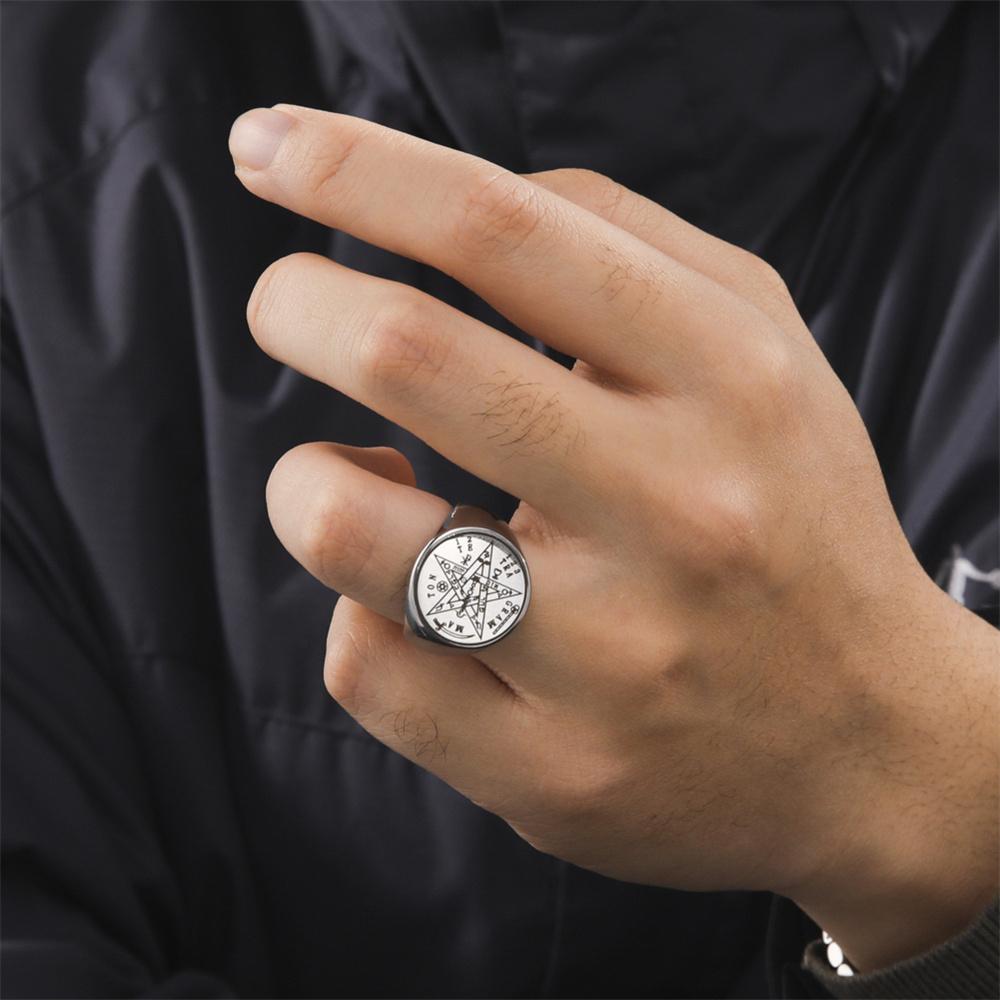 Vintage Tetragrammaton Rings Magical Wahyeh Blessed Pentagram of Solomon Finger Rings for Men Stainless Steel Jewelry