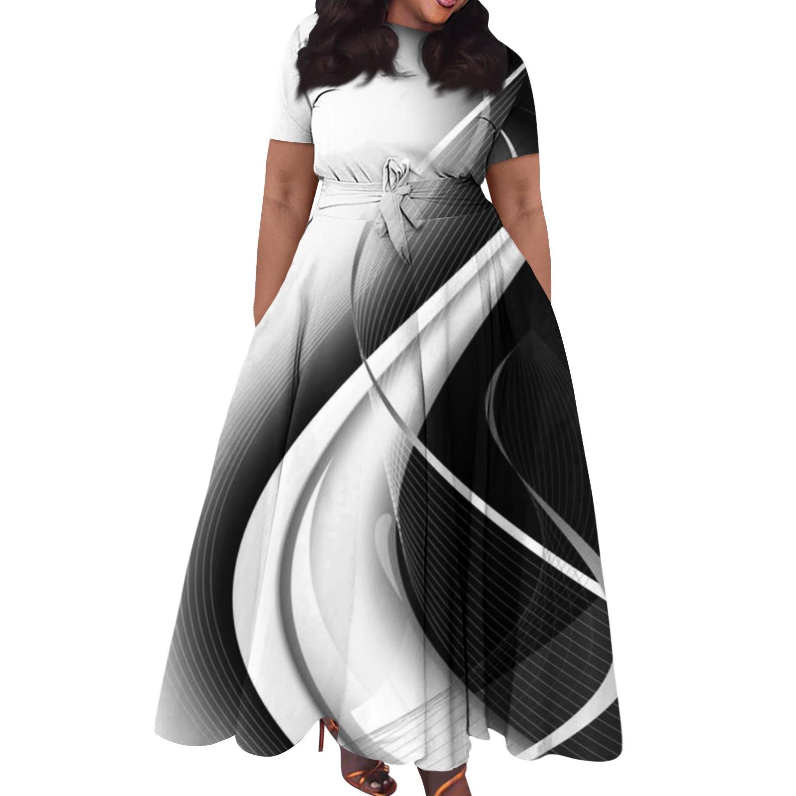 

Женское повседневное модное свободное платье большого размера с принтом, круглым вырезом и короткими рукавами, карманными бретелями XXXXXL белый