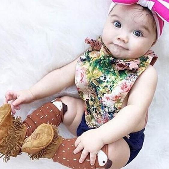 Baby Barn Flickor Mode Bomull Småbarn Räv Mönster Knähöga Strumpor