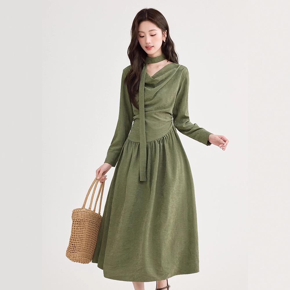 

Women s 2025 Retro Zen Dress: Long Sleeve, Thirteen-Line, Waist-Tie Slimming Design Large зелёный