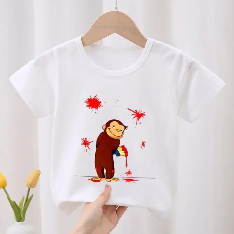 Curious George Roztomilý opičí potisk Dětské tričko Dětské oblečení Letní Oblečení pro holčičky Chlapecká trička s krátkým rukávem