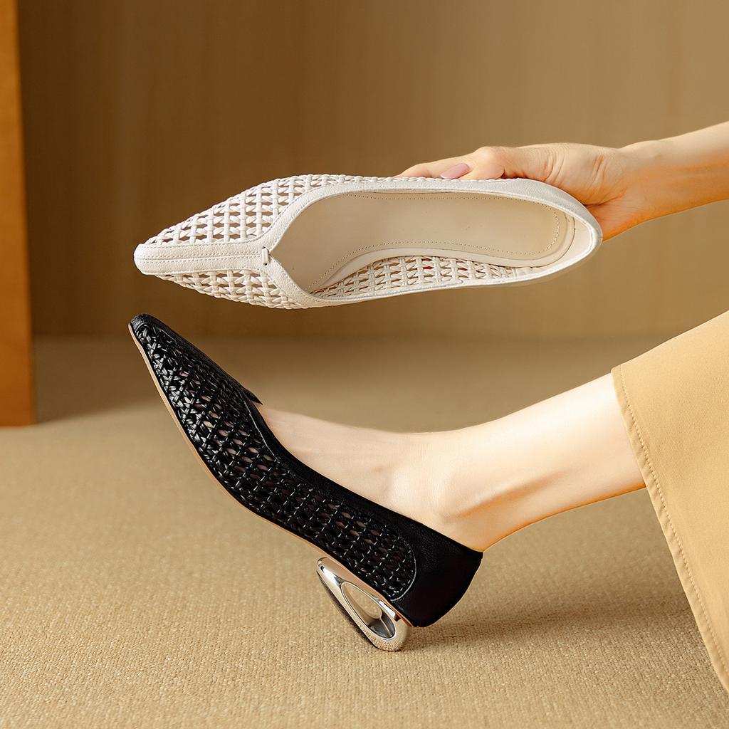 2025 New Leather French with Skirt Woven Mesh Pointed Middle Heel Hollow Breathable Single Shoes One Pedal Women's Shoes