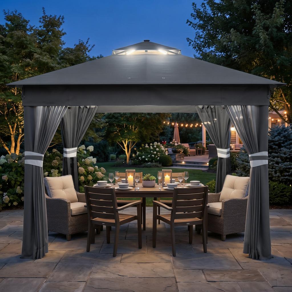 Adjustable-Height Garden Gazebo with LED Lights. 336x336x250-270cm. Grey