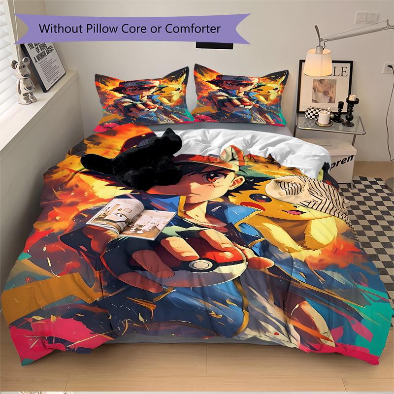 3pcs Bedding Set Pokemon Trainer Pikachu Includes 1 Comforter + 2 Pillowcases, Without Pillow Inserts, Soft Comfortable, Lightweight Breatha