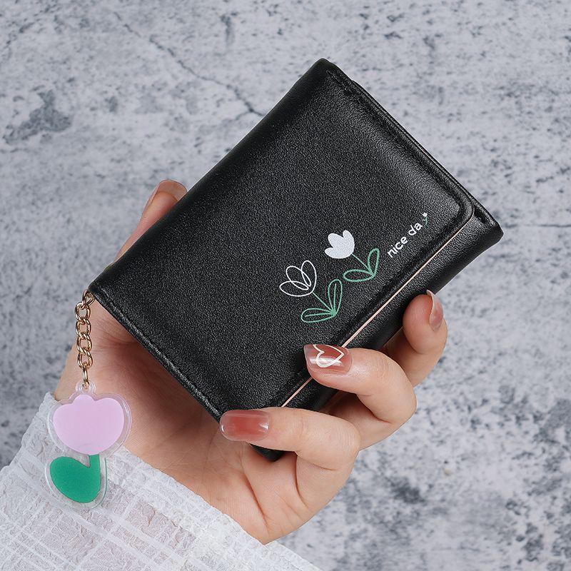 Новый маленький женский кожаный короткий складной кошелек, студенческий милый мини-модный кошелек с застежкой чёрный