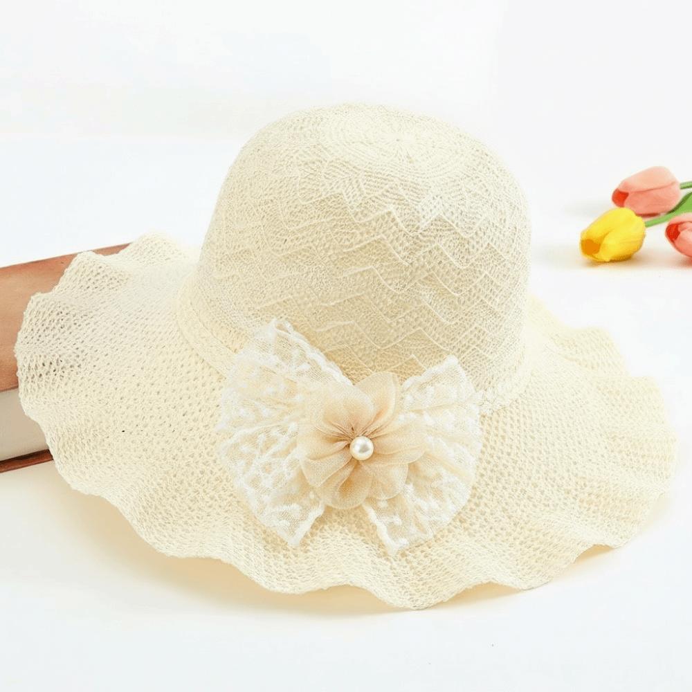 Lace Bow Wide Brim Knitted Hat Solid Color Beach Sun Hat Fashion UV Protection Cap  Travel