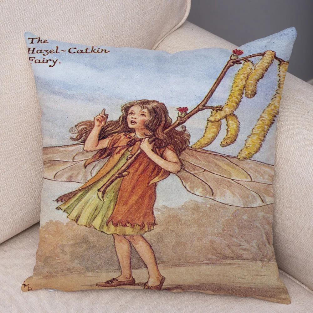 Vintage Cartoon Elfen Kissenbezug Dekor Bunte Märchenwelt Kissenbezug Plüsch Blumenmädchen Kissenbezug für Sofa Zuhause