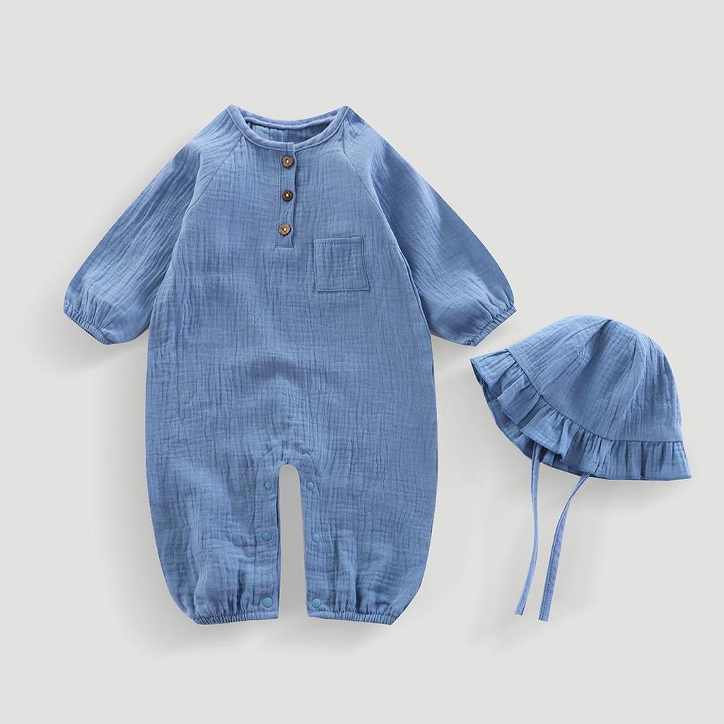 Hooded Baby Summer Romper: Double Layer Gauze, 100% Cotton, Solid Color, Breathable and Sweat-Absorbent - Ideal for Crawling and Casual Wear