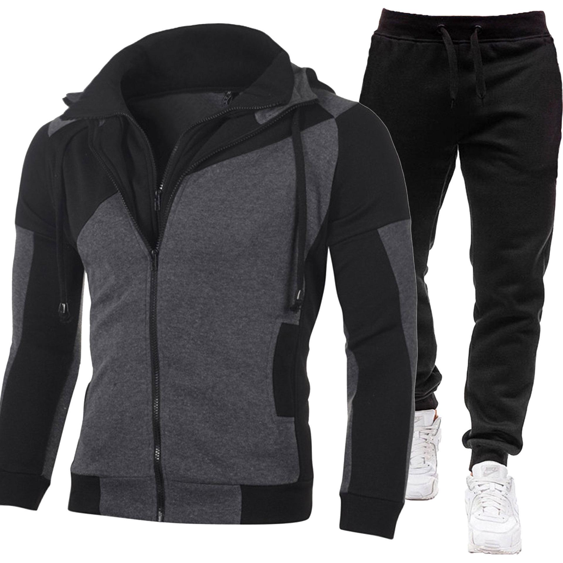 

Мужской двухслойный худи на молнии с колорблоком и комплект спортивных брюк облегающего кроя L серый
