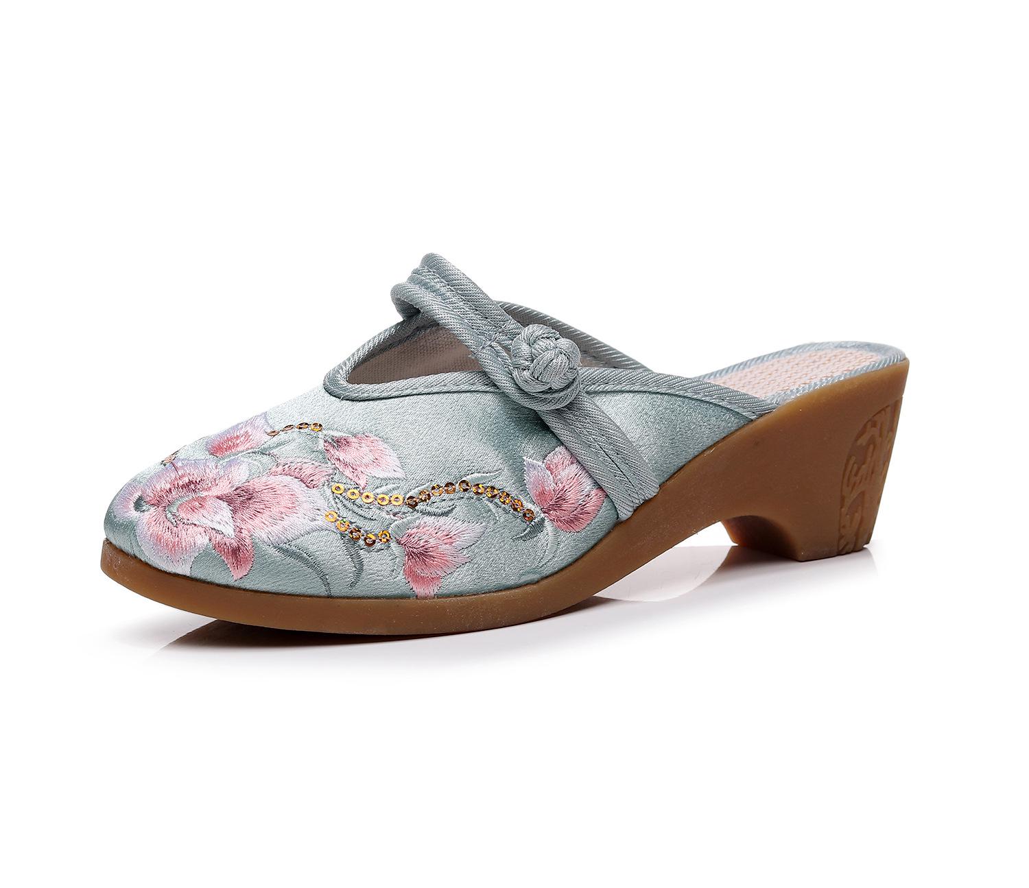 2021 Summer Women s High Heel Wedge Embroidered Cloth Sandals & Slippers Size 35