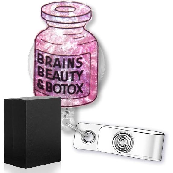 Brains Beauty Botox Funny Glitter Badge Reel Retractable Badge Holder for Esthetician Dermatologist Dermatology Aesthetic Cosmetic Nurse Surgeon,