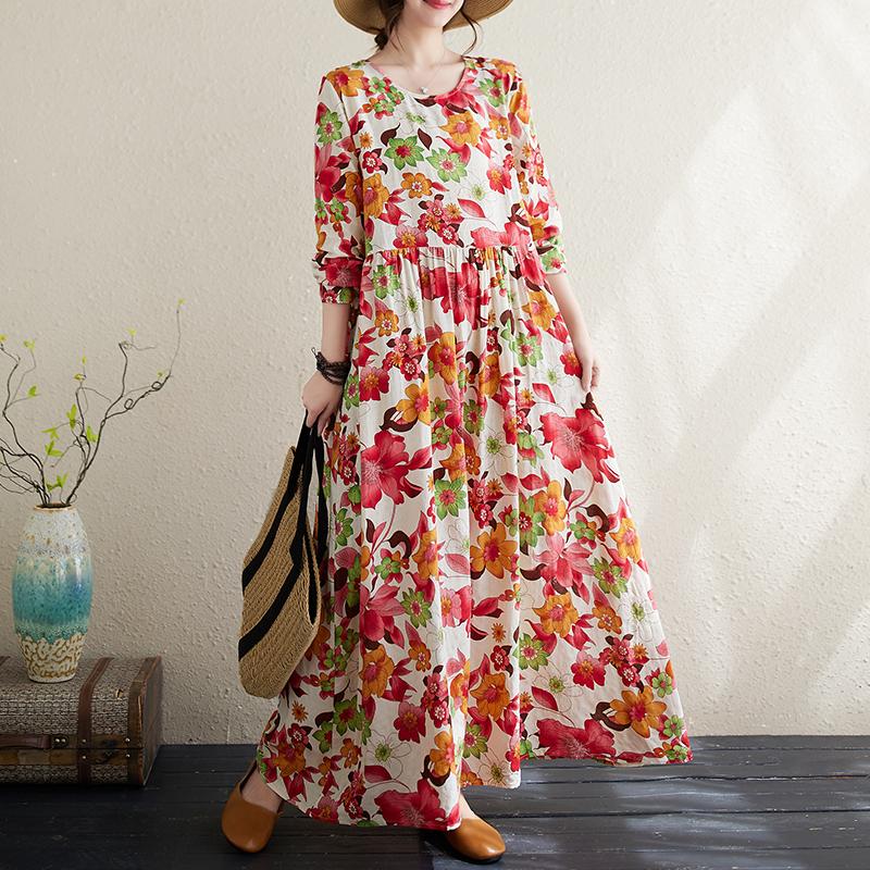 DIMANAF 2024 Rochie de primăvară mărime Plus pentru femei, rochie boemă ocazională cu imprimeu floral, rochie lejeră pentru plajă, decolteu O, verde, femeie