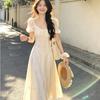 Fairy French heavy industry hollow embroidery beige embroidery dress women's summer bubble sleeves gentle white moonlight long dress