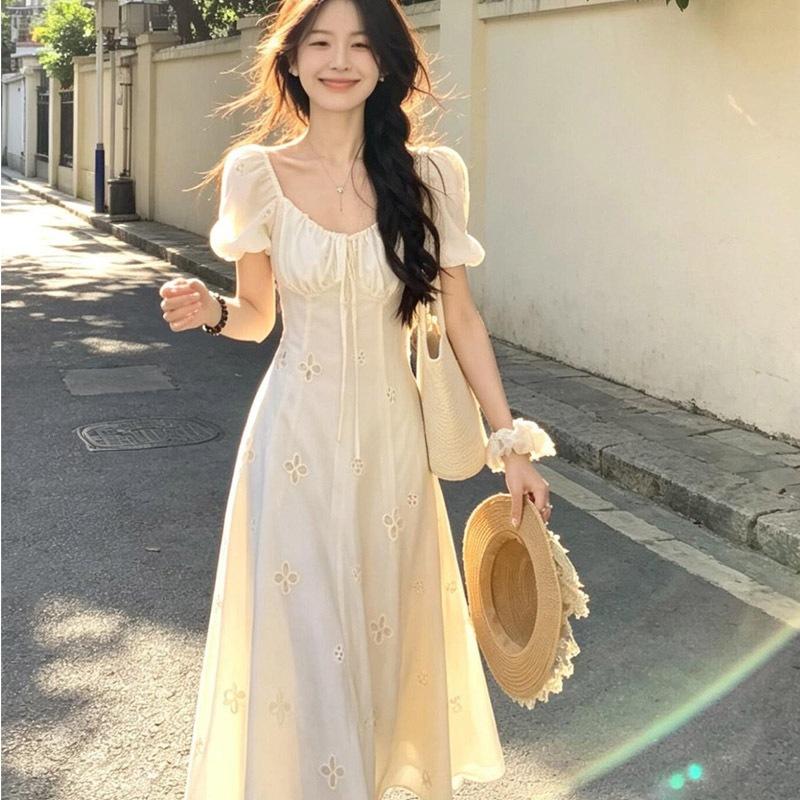 Fairy French heavy industry hollow embroidery beige embroidery dress women's summer bubble sleeves gentle white moonlight long dress