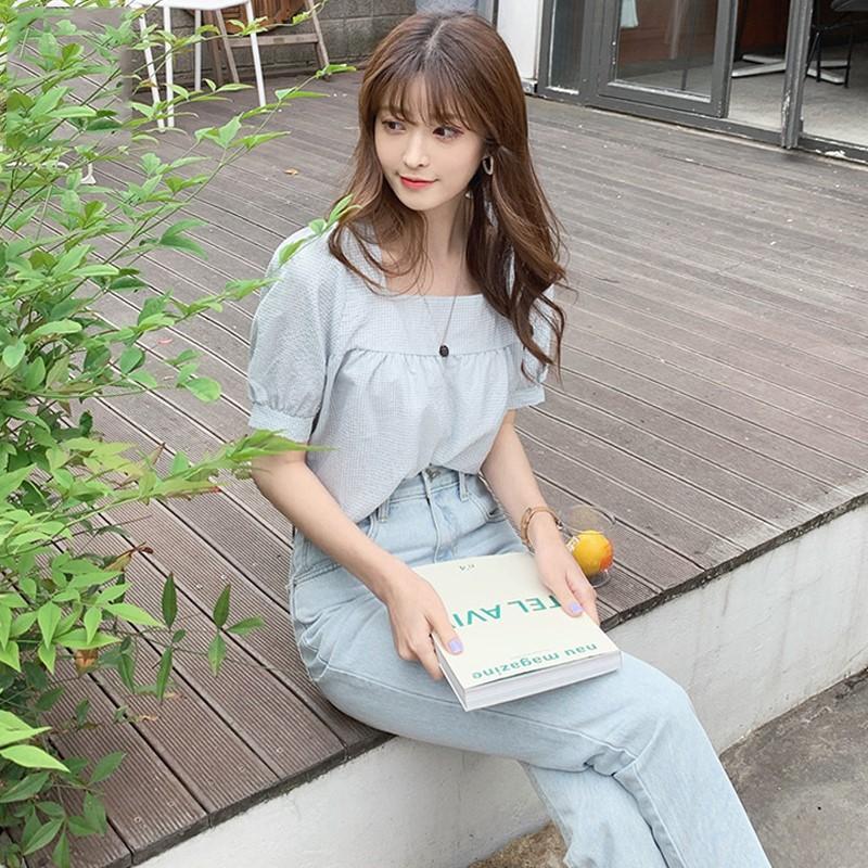 Damen Quadratischer Ausschnitt Puffärmel Kurzarm Bluse Normale Passform Kleines Karomuster Vichy Pullover Hemd Koreanisch Süß Frisch Sommer Lässig Oberteil