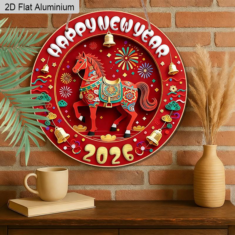 2D Flat 1pc Horse Year Aluminum Decoration Plaque, “Happy New Year” Lettering Sign, Home Decor, Porch Decor, Door Decor, Farmhouse Decor, Wonderful