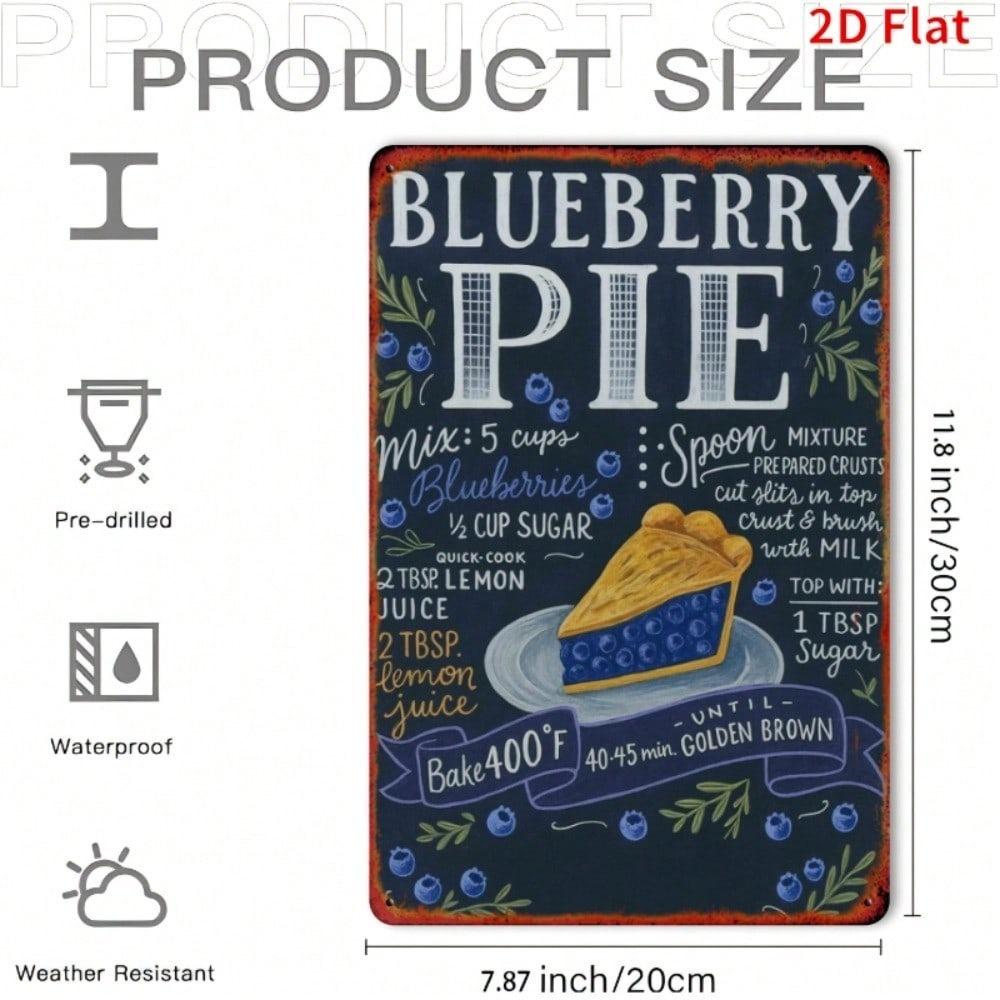 Metal Wall Art Poster - Blueberry Pie Recipe Tin Sign for Kitchen Decor
