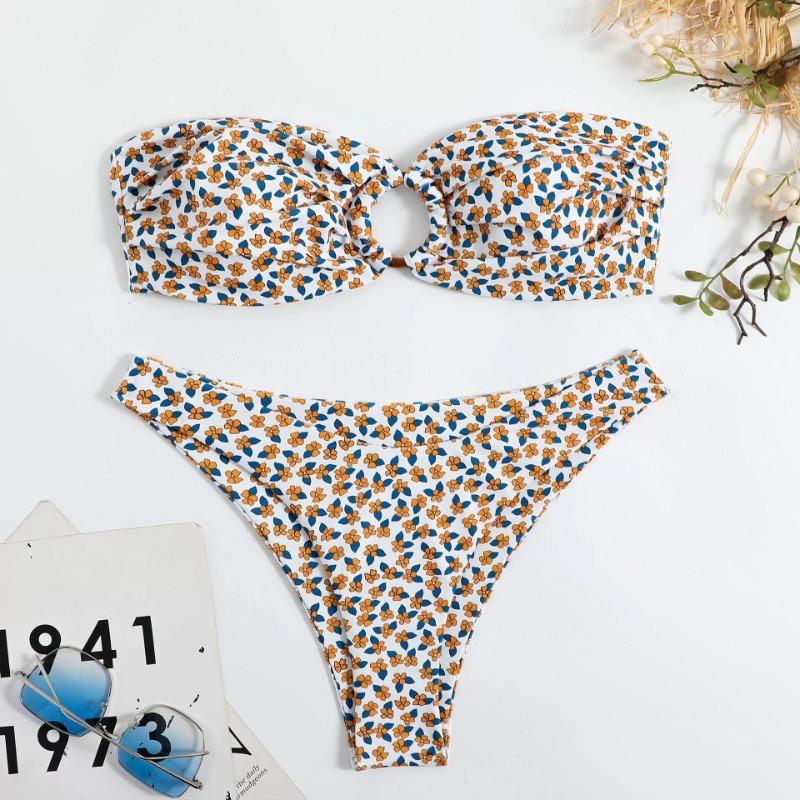New three-point bikini print sexy babes two-piece swimsuit beach hot spring high-waisted swimsuit