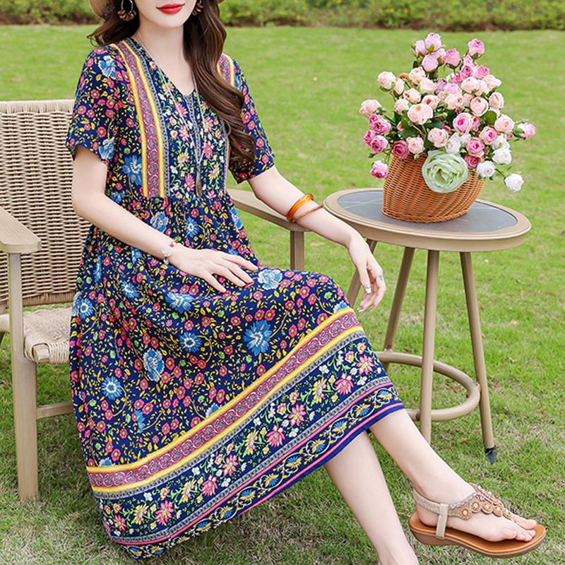 Elegant Women's Dress Summer Vintage Clothes Loose Short Sleeve Plus Size Casual Long Dresses