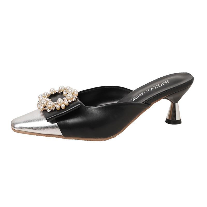 2025 New Rhinestone Square Buckle Sandals European and American Pointed Head Thin Heel Bag Head Half Slippers Femininity High Heels