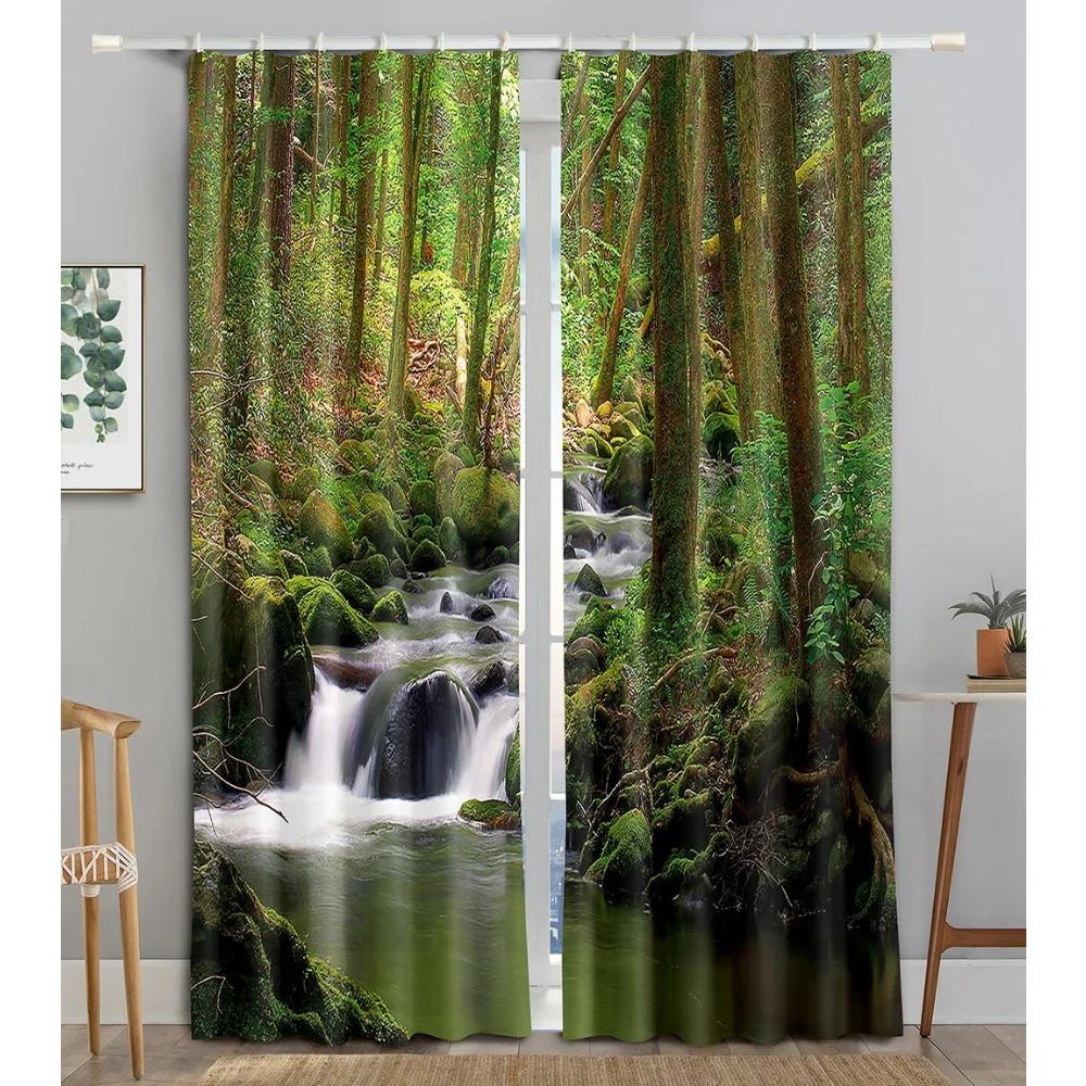3D Printed Sunshine Forest Waterfall Curtains for Bedroom Drapes Mountain Stream Natural Landscape Window Curtain Living Room
