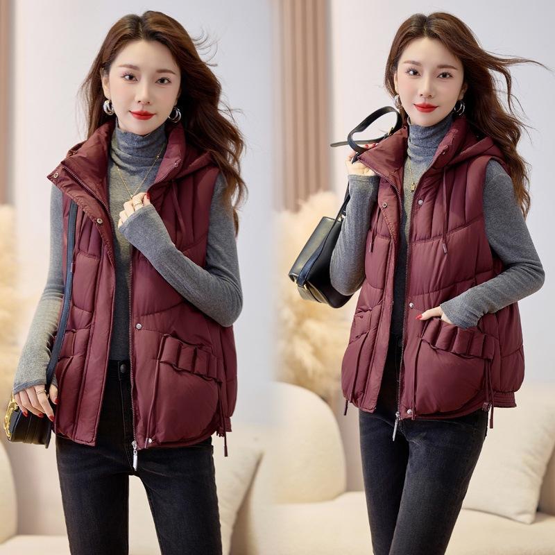 Short Hooded Down Cotton Vest Women's Autumn and Winter New Loose Versatile Cotton Vest Outer Wear Cotton Vest