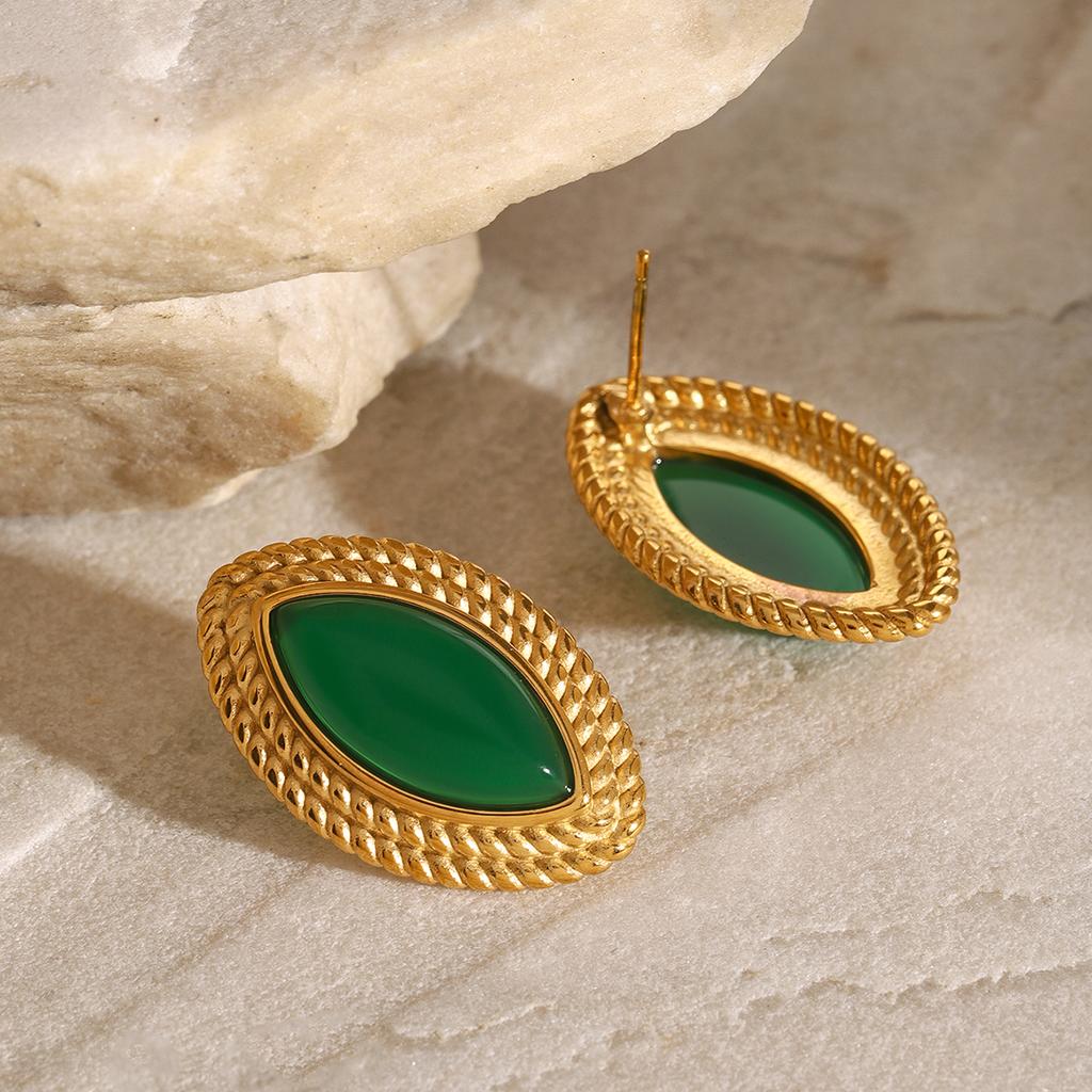 Youthway Retro Elegant Stainless Steel Threaded Green Agate Oral Stud Earrings For Women Fashion Jewelry Allergic Accessory
