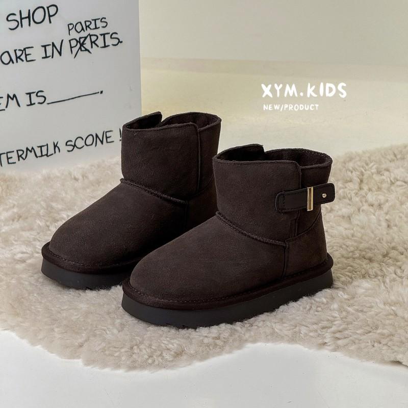 Kids Winter Snow Boots Boys Girls Warm Faux Suede Ankle With Buckle Thick Fleece Lining