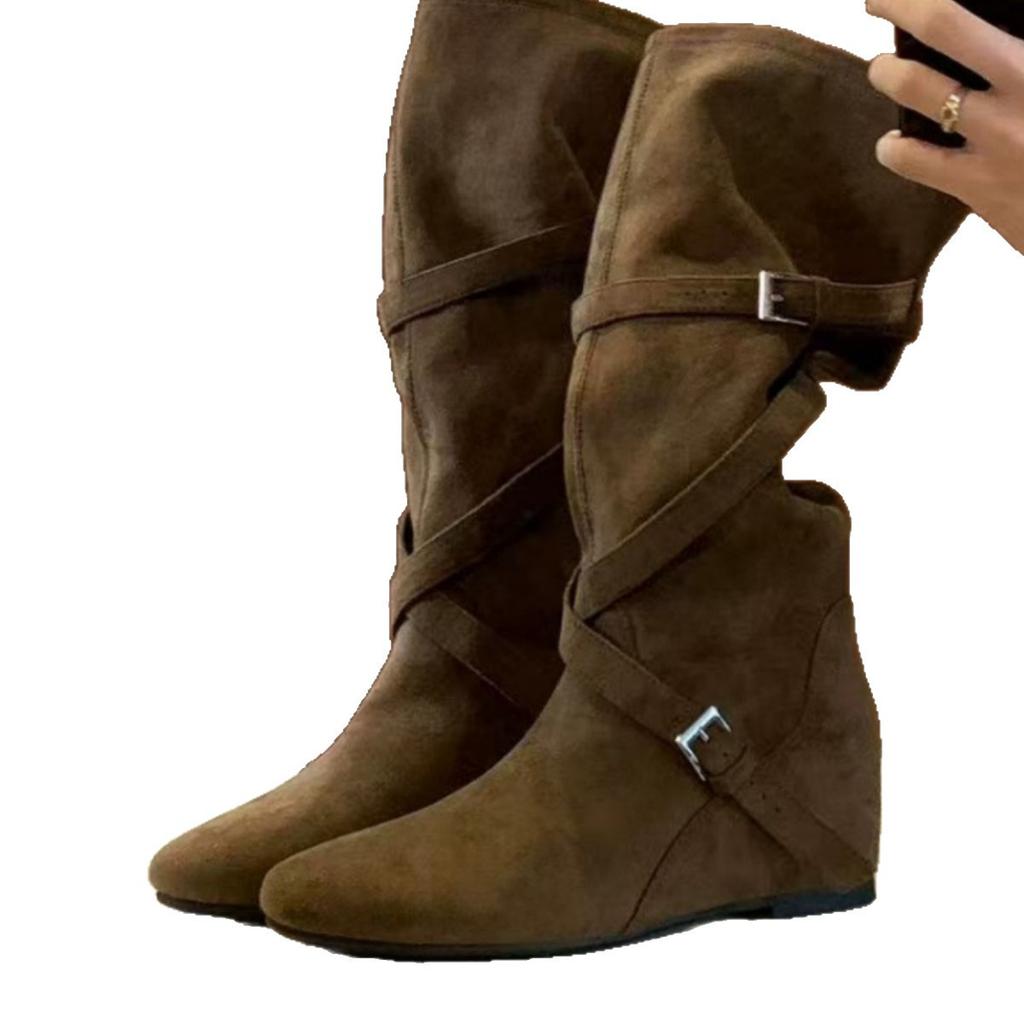 Ausgabe Höhenzunahme cm~ Herbst neue runde Zehen Schnalle mit weichem plissiertem Leder dünne Stiefel für Damen