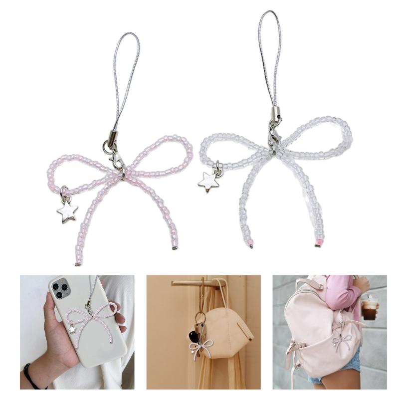 Beaded Bowknot Star Hanging Pendant Sweet Phone Strap Bag Decoration Portable Hanging Lanyard Gift for Girls Women