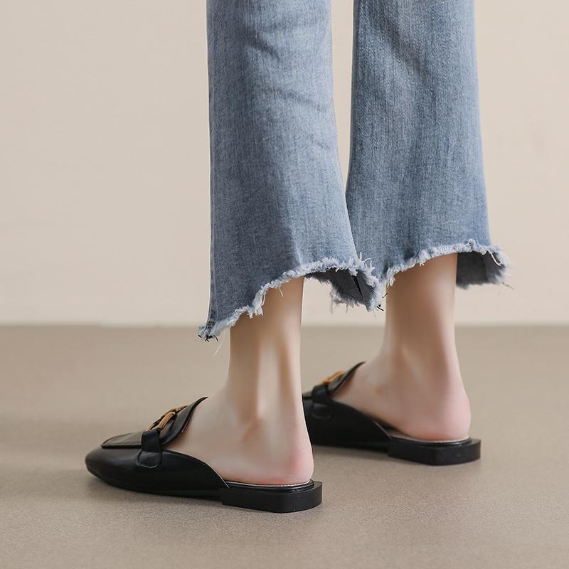 Spring Women 'S New Slippers Flat Square Mule Outdoor Casual Shoes Korean Style Stylish Metal Design Banquet And Office Wear