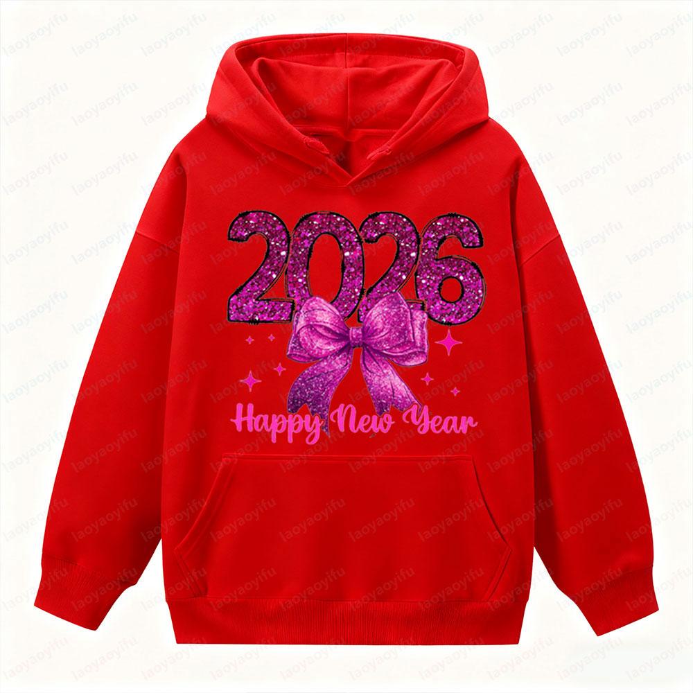 Happy New Year 2026 Clothing NYE Party Apparel Pink Glitter Girly New Year Hoodies Women Fashion Trend Holiday Sweatshirt