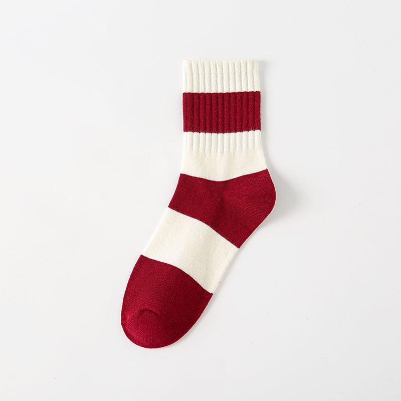 ALLTOOALL Chaussettes Mi-Mollet à Nœud pour Femmes Printemps Automne Rayées Rouges Coton Mode Féminine Décontracté Respirantes Chaussettes Nouvel An
