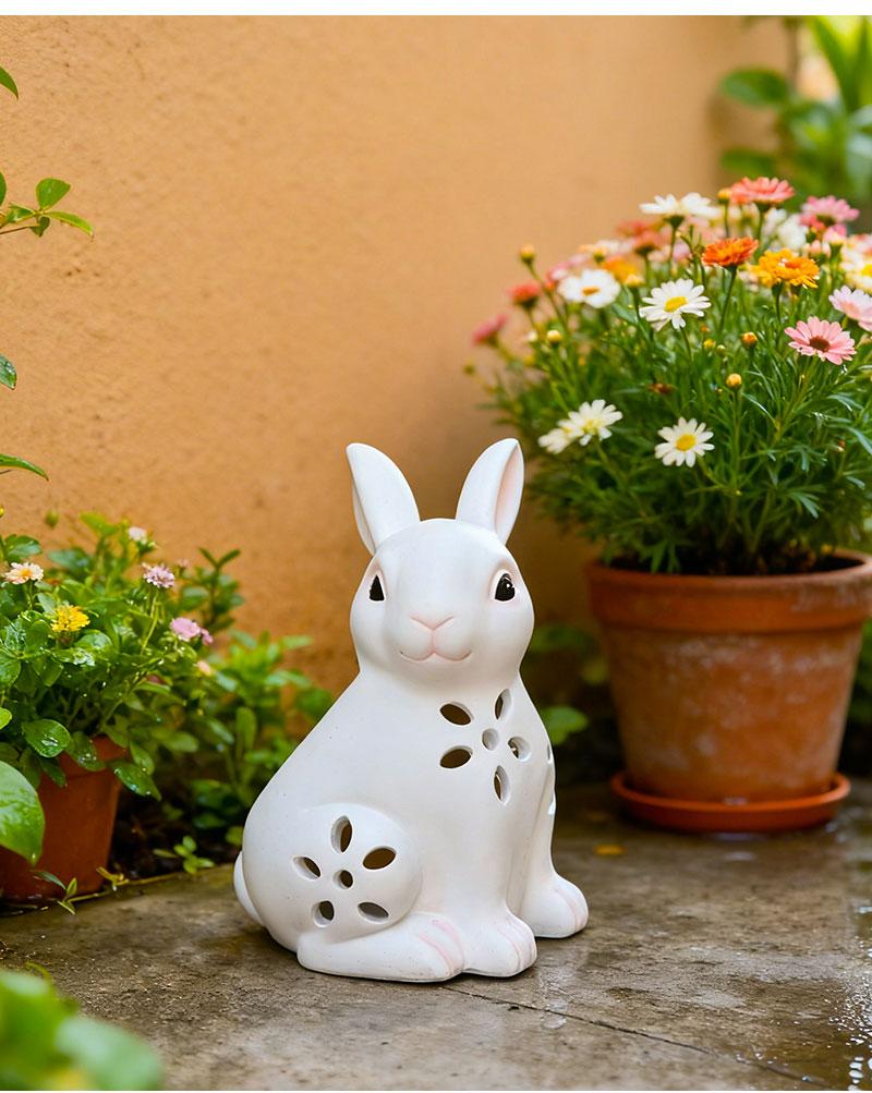 Easter Solar Lighted Bunny with Hollow Details for Lawn Garden Decoration Weather Resistant Resin Rabbit Ornament White