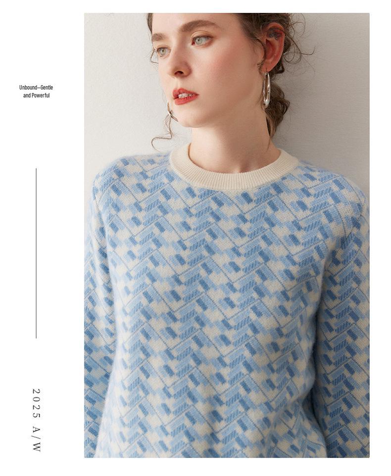 2025 Autumn/Winter Women's Soft Warm Cashmere Sweater – Color Block Round Neck Knit with Long Sleeves