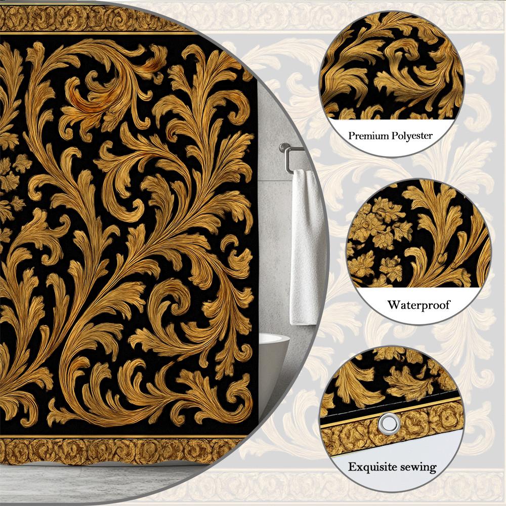Golden Baroque Floral Shower Curtain Black Background Luxury Ornate Design Royal Palace Style Decor Waterproof Quick Setup