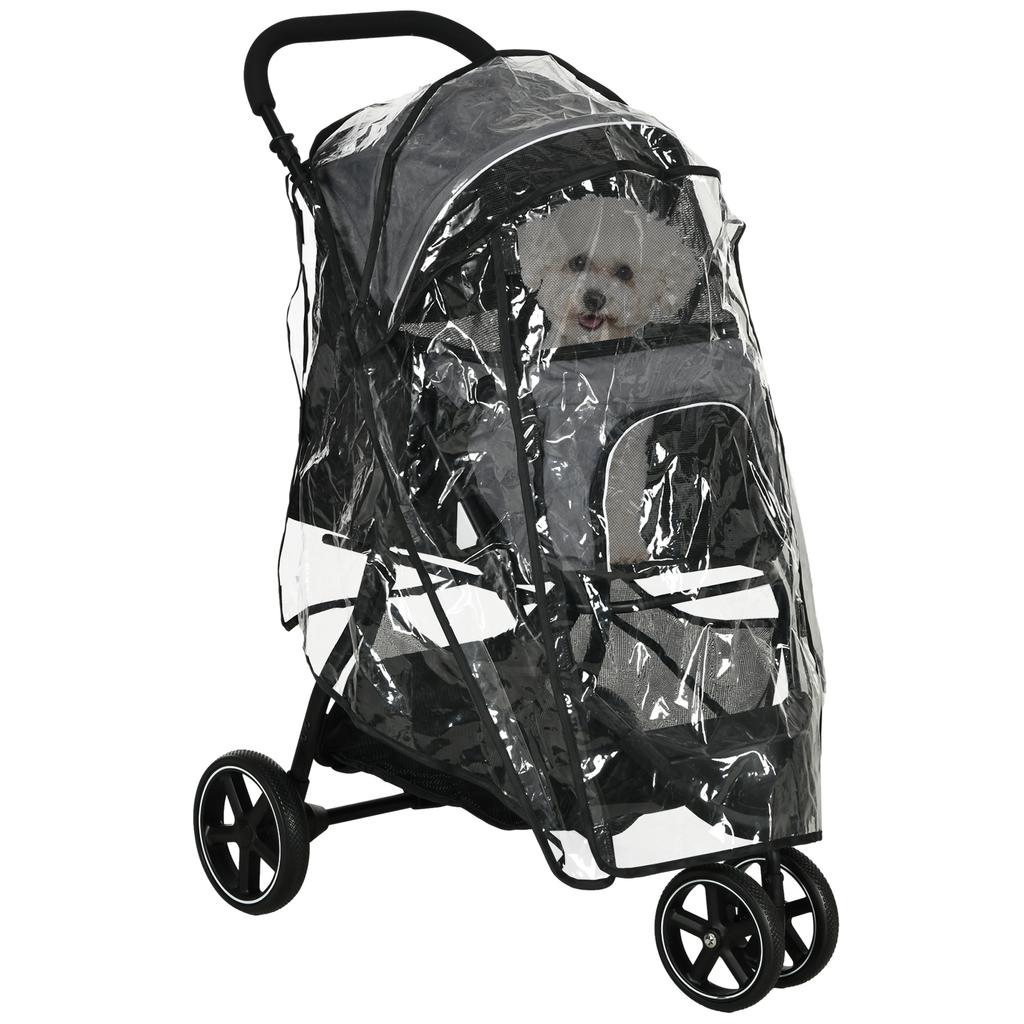 Dog Buggy Pet Stroller, Foldable, Rain Cover, 2 Safety Leashes, 83cm x 55cm x 101cm, Gray + Black
