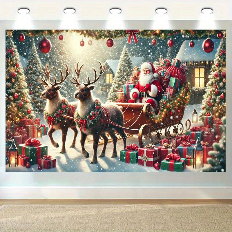 1 Piece Holiday Santa Claus Sled Background Cloth - Santa Claus and Reindeer Snow Scene Durable Indoor and Outdoor Decoration