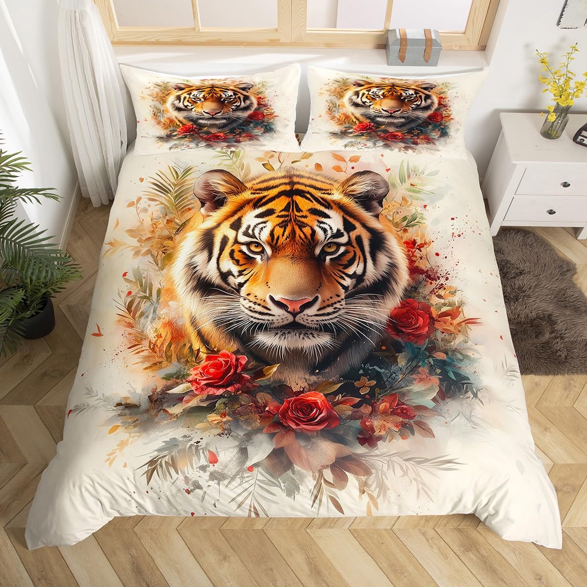

Tiger Duvet Cover Set Twin Queen for Boys Girls Wild Animal Print Bedding Set Soft Microfiber Comforter Cover with 2 Pillow Sham EU Single(135*200cm)3pcs