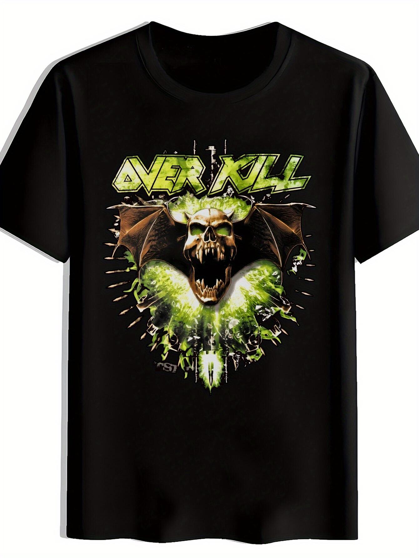 Vintage Rock Band Graphic T-shirt - Black Short Sleeve Round Neck Tee with Skull & Bat Wing Design L