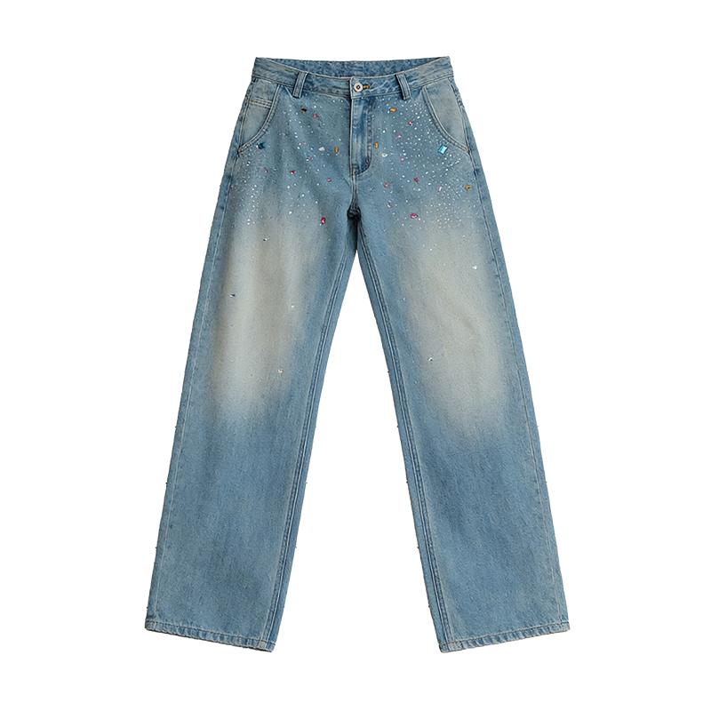 GREEN BELT Women's Blue Rhinestone Distressed Straight Jeans