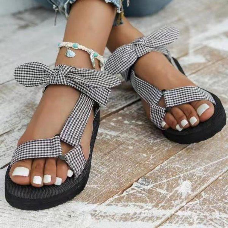 2025 Summer Large Size Beach Shoes Female Velcro Bow Round Head Flat Bottom Leopard Print Sandals Female Elegant Generous Shoes