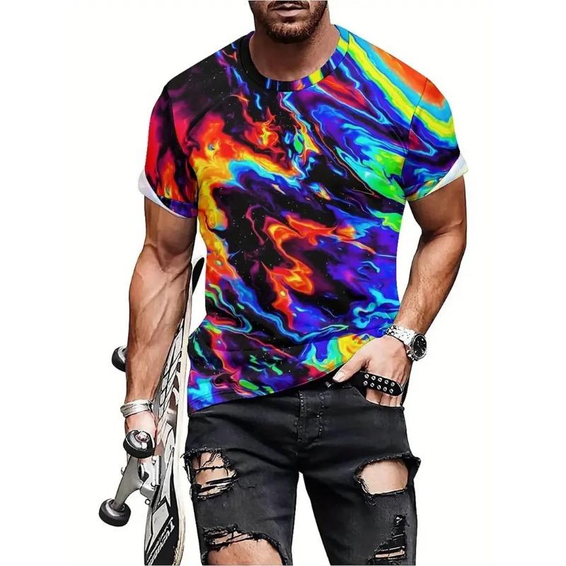 Summer Round Neck Colorful Abstract Pattern 3D Print Top Fashionable Casual Hip Hop Short Sleeved Men's T-shirts