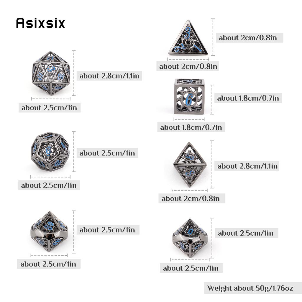 7 bucăți, negru, albastru, rotativ, zaruri metalice, zaruri metalice poliedrice goale, potrivite pentru jocuri de rol RPG, jocuri de cărți