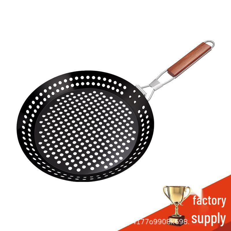 Round Hollow Wooden Handle BBQ Grill Pan for Outdoor Vegetables and Meat